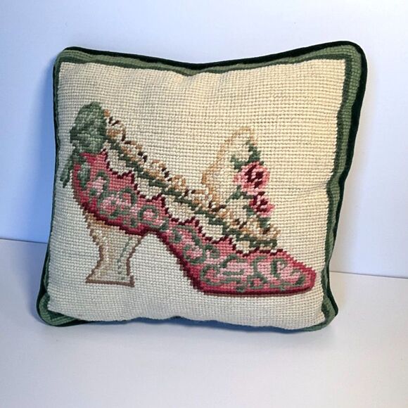 Vintage needlepoint pillow Victorian shoe; velvet back - Picture 1 of 4